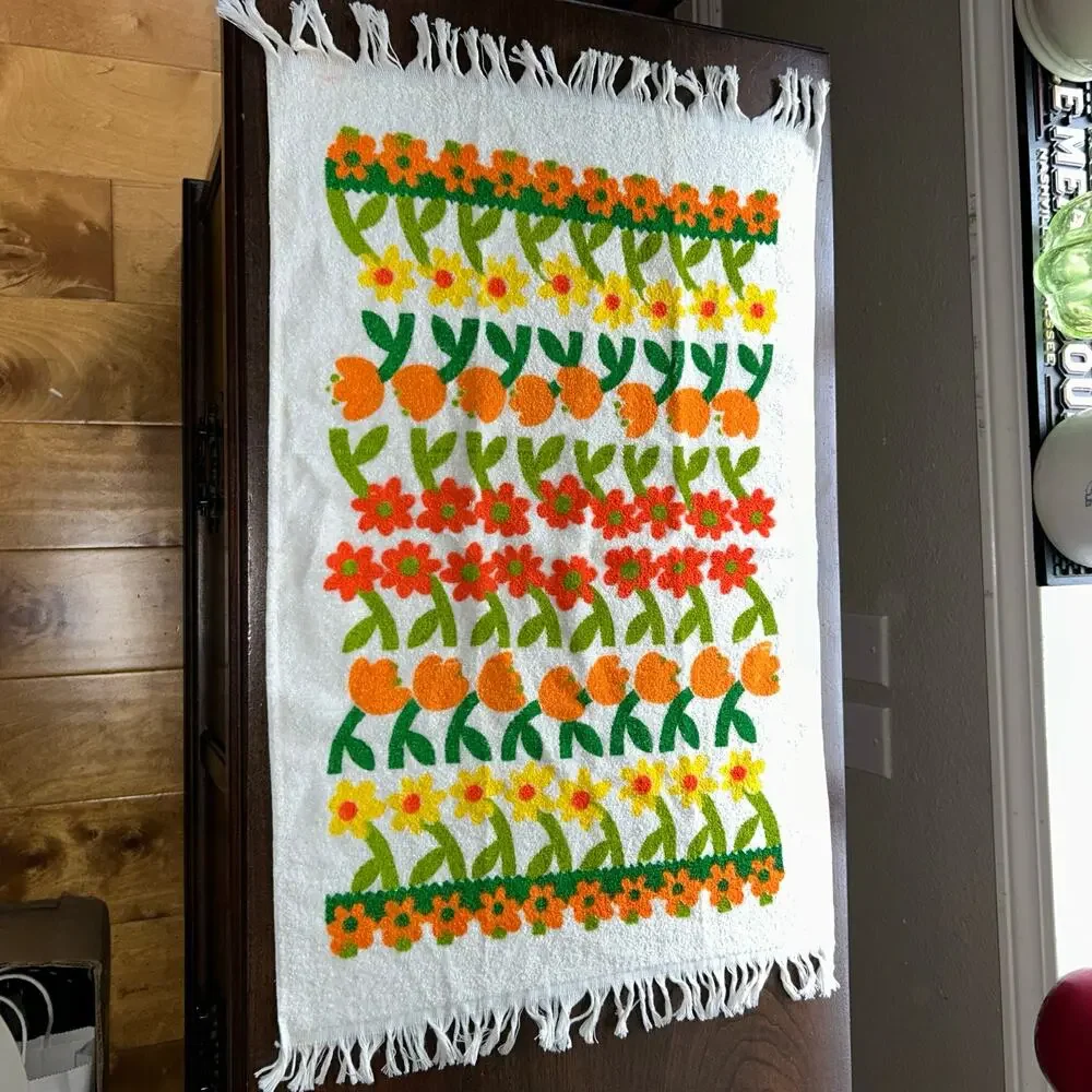2 NOS vintage floral towels 1970s orange yellow green flower fringe edges retro